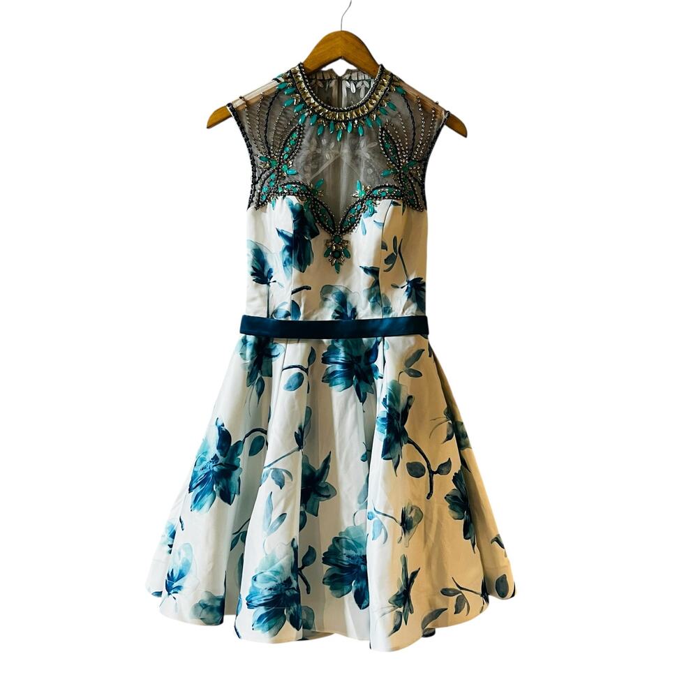 Formal Blue Printed Studded Open Back Sleeveless Dress Size XS